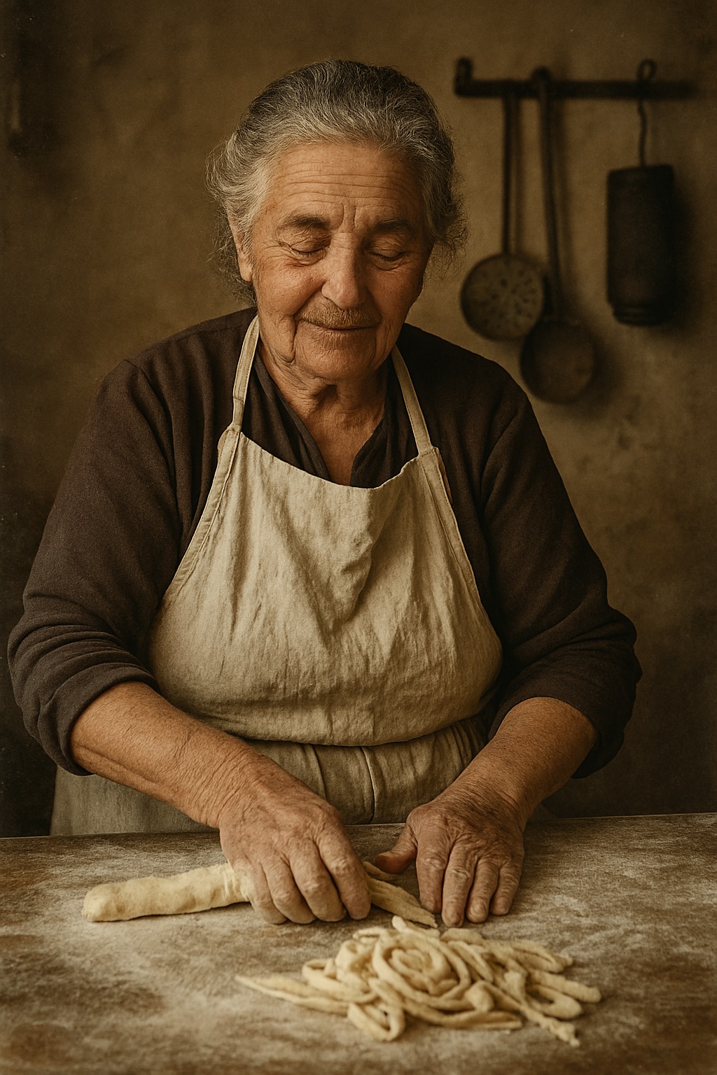 Antiga fotografia de uma avó italiana na cozinha