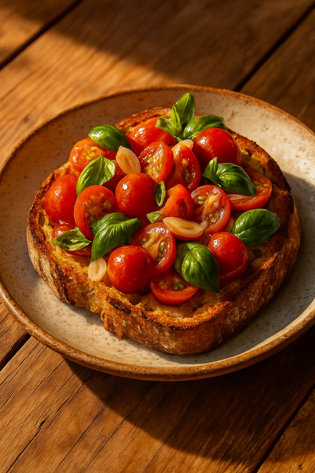 Pão torrado com tomate e manjericão